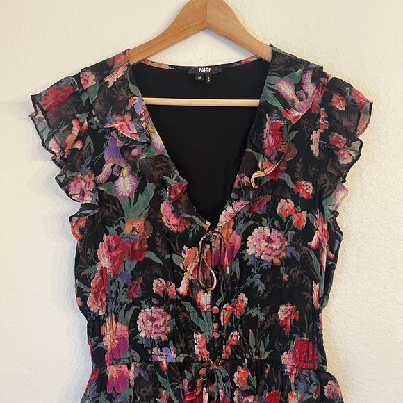 Paige Paradis 100% Silk Ruffle Floral Midi Dress M Dark Romantic Wedding Guest - Picture 3 of 13